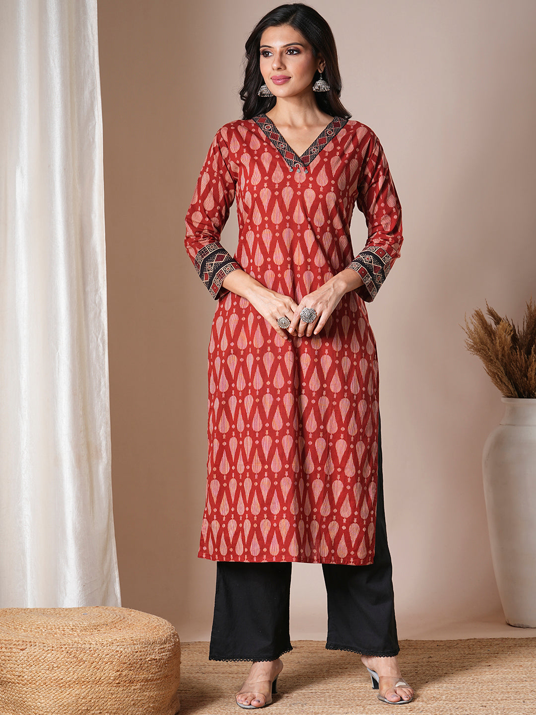 Ethnic Printed Straight Fit Kurta - Rust