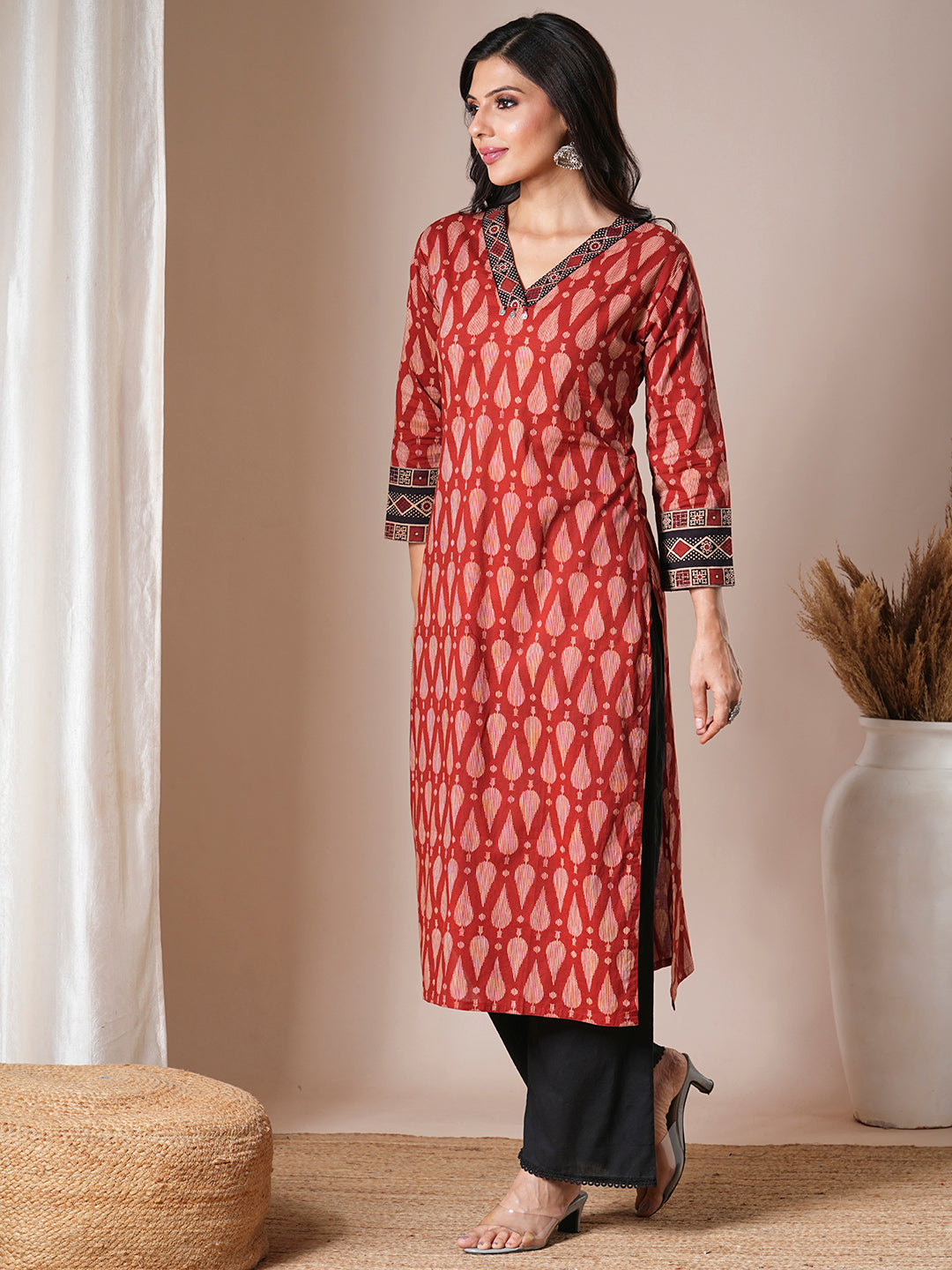 Ethnic Printed Straight Fit Kurta - Rust