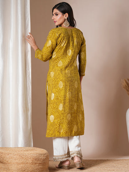 Ethnic Foil Printed & Embroidered Straight Fit Kurta - Green