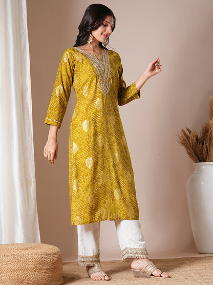 Ethnic Foil Printed & Embroidered Straight Fit Kurta - Green