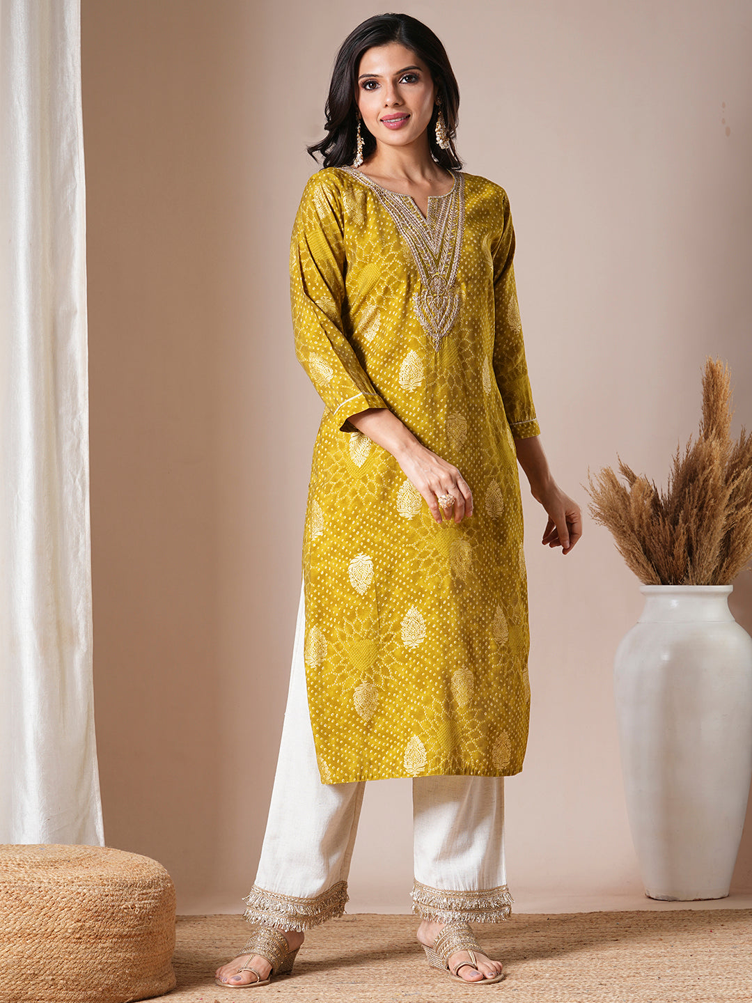 Ethnic Foil Printed & Embroidered Straight Fit Kurta - Green