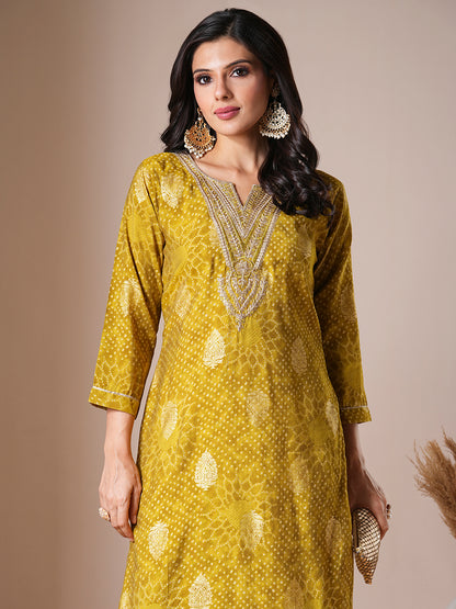 Ethnic Foil Printed & Embroidered Straight Fit Kurta - Green