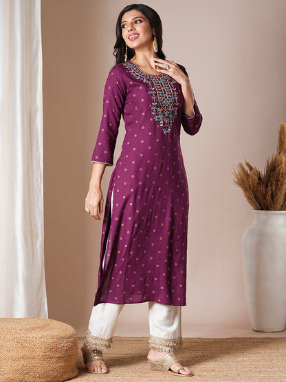 Ethnic Foil Printed & Embroidered Straight Fit Kurta - Deep Purple