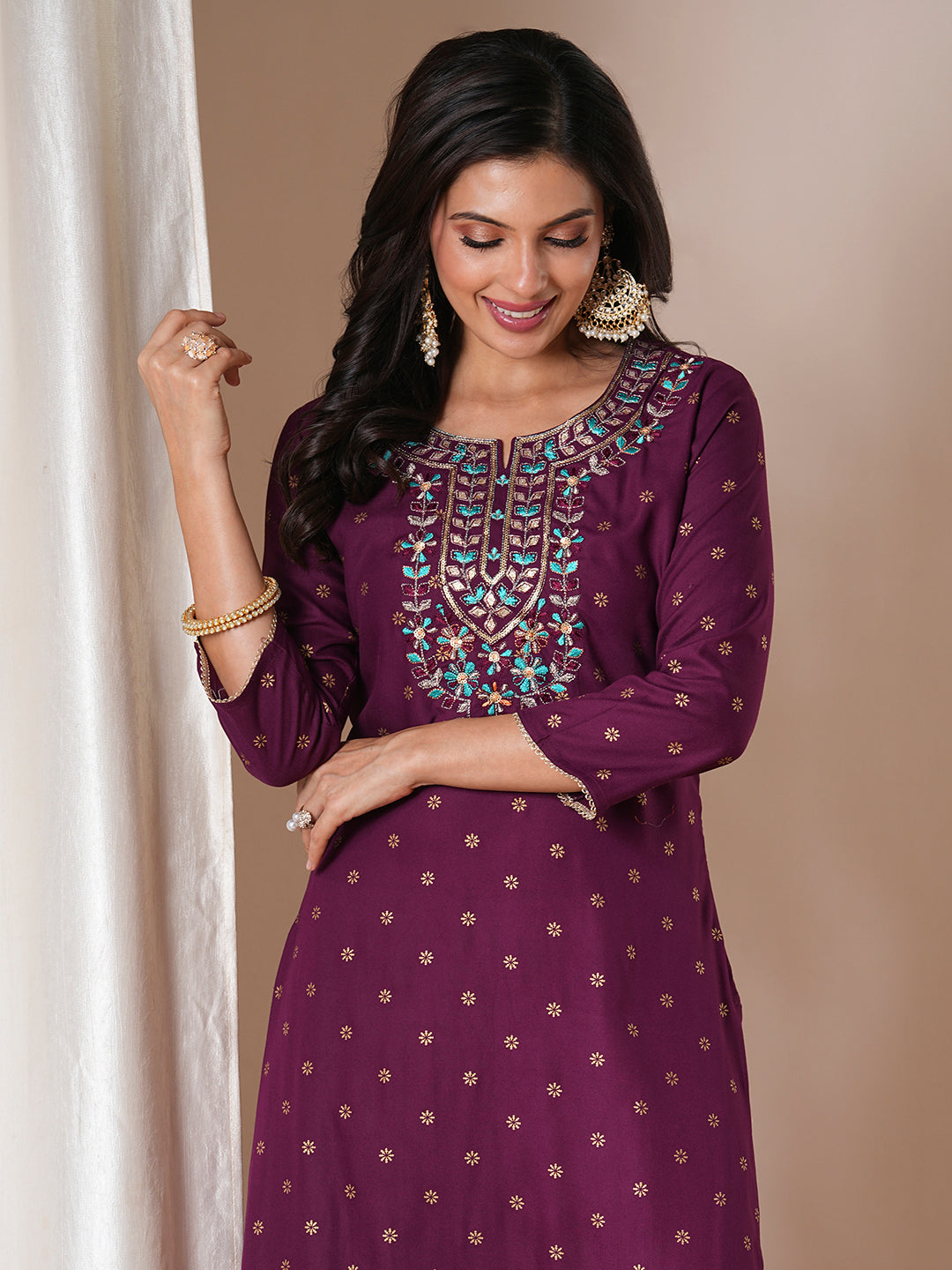 Ethnic Foil Printed & Embroidered Straight Fit Kurta - Deep Purple