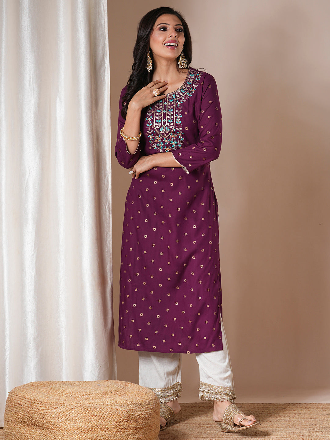 Ethnic Foil Printed & Embroidered Straight Fit Kurta - Deep Purple