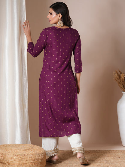 Ethnic Foil Printed & Embroidered Straight Fit Kurta - Deep Purple