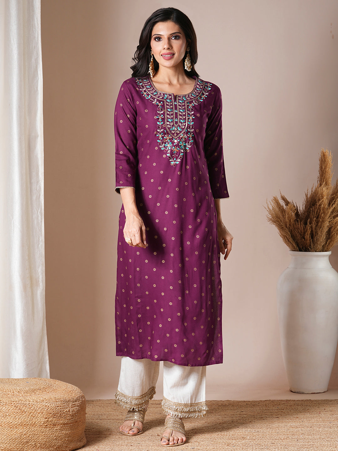 Ethnic Foil Printed & Embroidered Straight Fit Kurta - Deep Purple