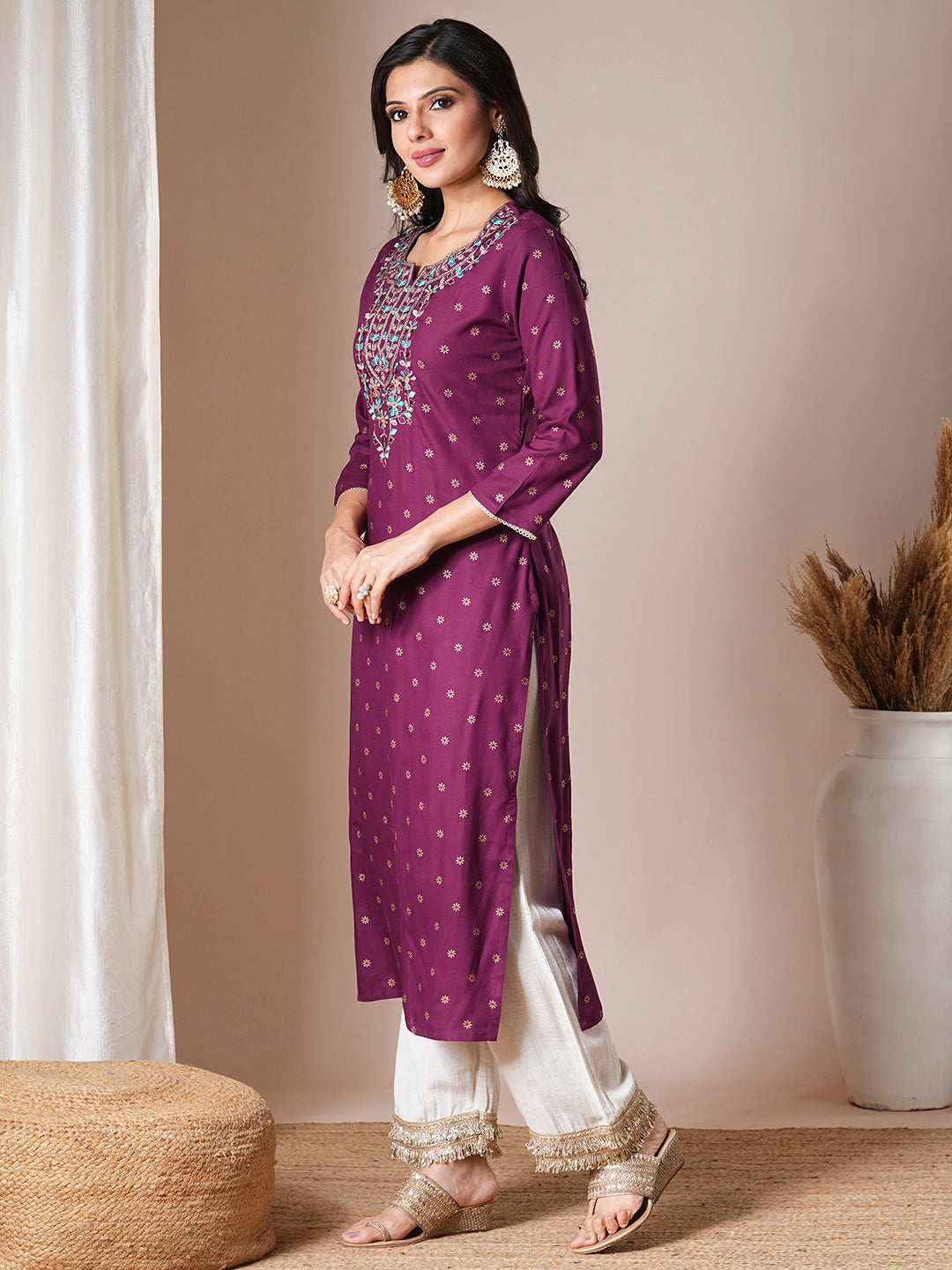 Ethnic Foil Printed & Embroidered Straight Fit Kurta - Deep Purple