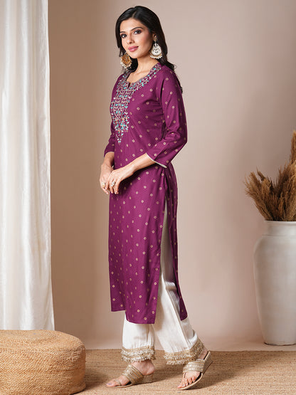 Ethnic Foil Printed & Embroidered Straight Fit Kurta - Deep Purple