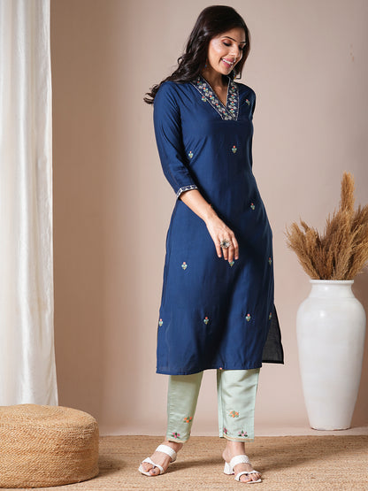 Solid Ethnic Embroidered Straight Fit Kurta - Navy Blue