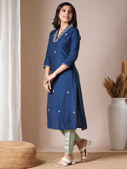 Solid Ethnic Embroidered Straight Fit Kurta - Navy Blue