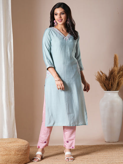 Solid Floral Embroidered Straight Fit Kurta - Blue