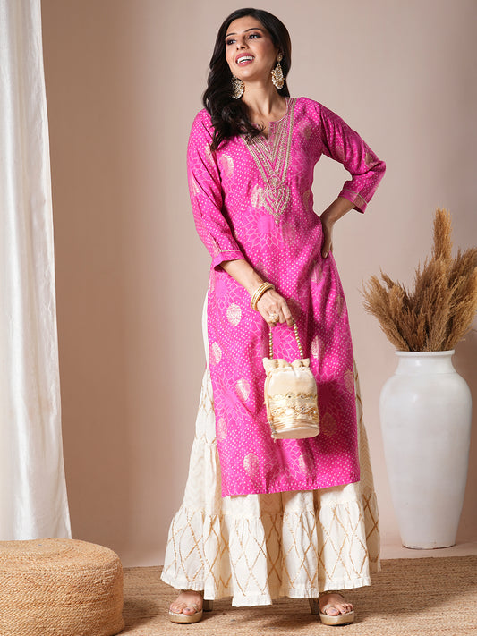 Ethnic Foil Printed & Embroidered Straight Fit Kurta - Pink