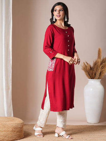 Ethnic Floral Embroidered Straight Fit Kurta - Red