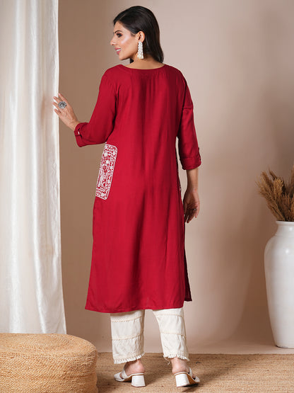 Ethnic Floral Embroidered Straight Fit Kurta - Red