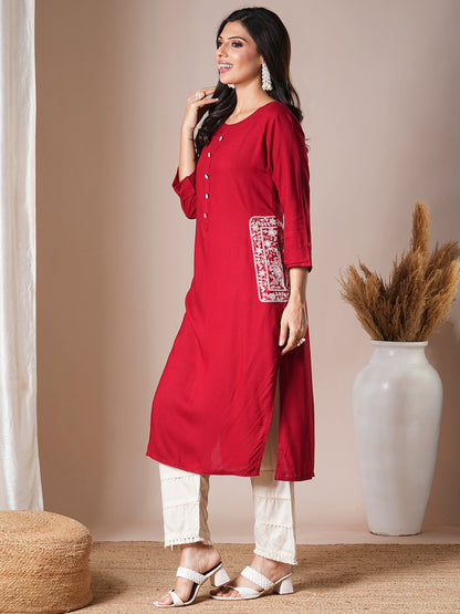 Ethnic Floral Embroidered Straight Fit Kurta - Red