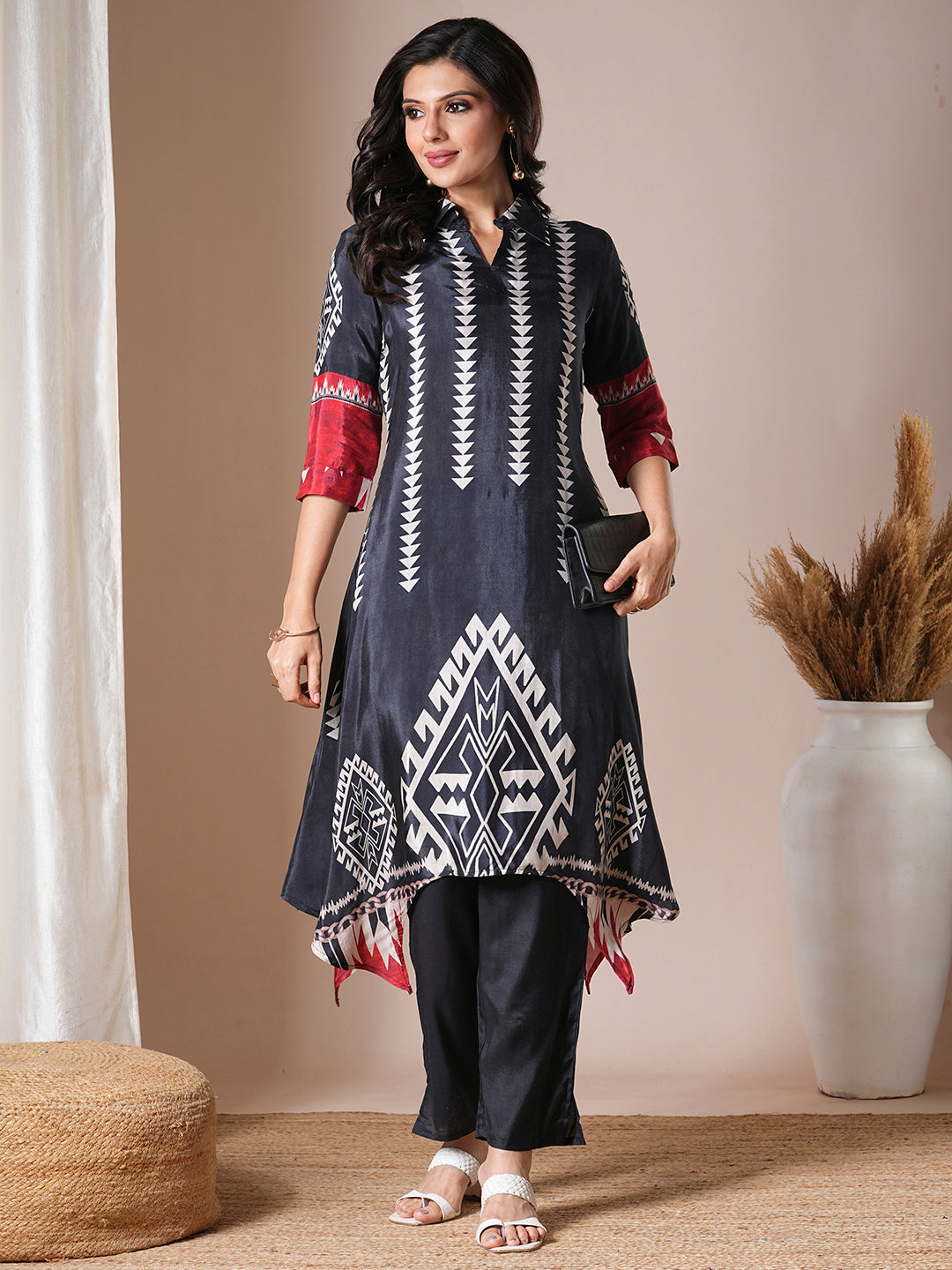 Ethnic Geometric Printed A-Line High Low Kurta with Pant - Black