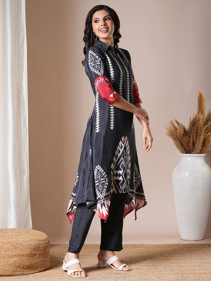 Ethnic Geometric Printed A-Line High Low Kurta with Pant - Black