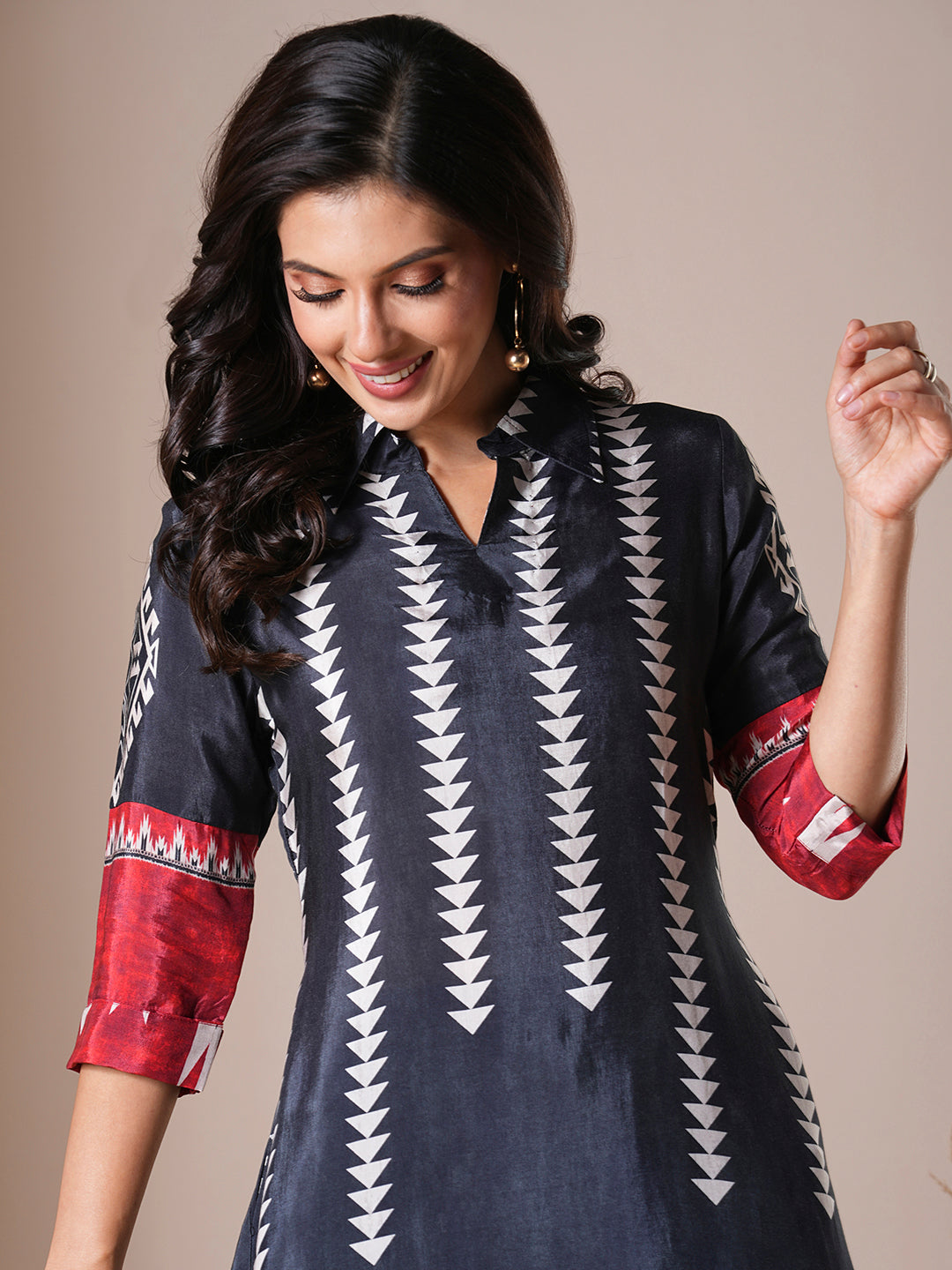 Ethnic Geometric Printed A-Line High Low Kurta with Pant - Black