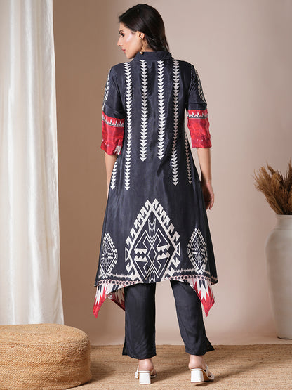 Ethnic Geometric Printed A-Line High Low Kurta with Pant - Black