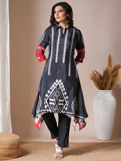 Ethnic Geometric Printed A-Line High Low Kurta with Pant - Black