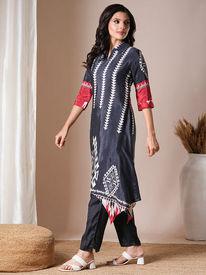 Ethnic Geometric Printed A-Line High Low Kurta with Pant - Black