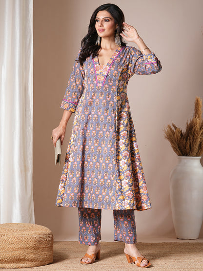 Ethnic Floral Printed A-Line Paneled Kurta with Palazzo - Grey