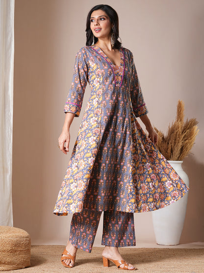 Ethnic Floral Printed A-Line Paneled Kurta with Palazzo - Grey