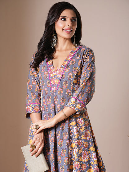 Ethnic Floral Printed A-Line Paneled Kurta with Palazzo - Grey