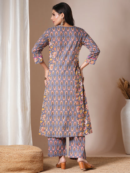 Ethnic Floral Printed A-Line Paneled Kurta with Palazzo - Grey