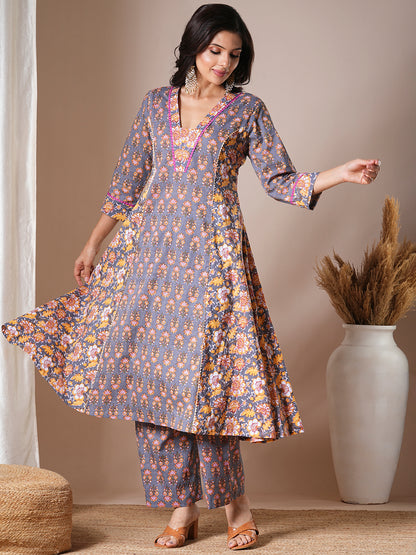 Ethnic Floral Printed A-Line Paneled Kurta with Palazzo - Grey