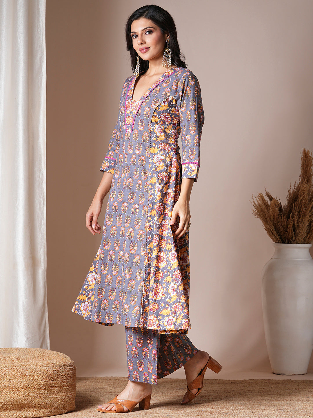 Ethnic Floral Printed A-Line Paneled Kurta with Palazzo - Grey