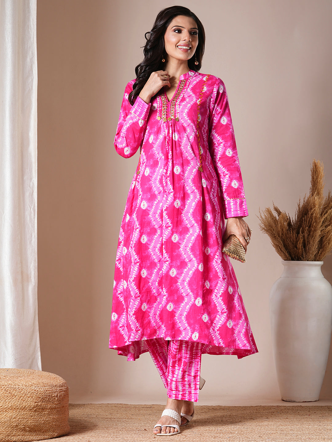 Ethnic Floral Printed & Embroidered A-Line Kurta with Pant - Pink