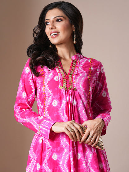 Ethnic Floral Printed & Embroidered A-Line Kurta with Pant - Pink