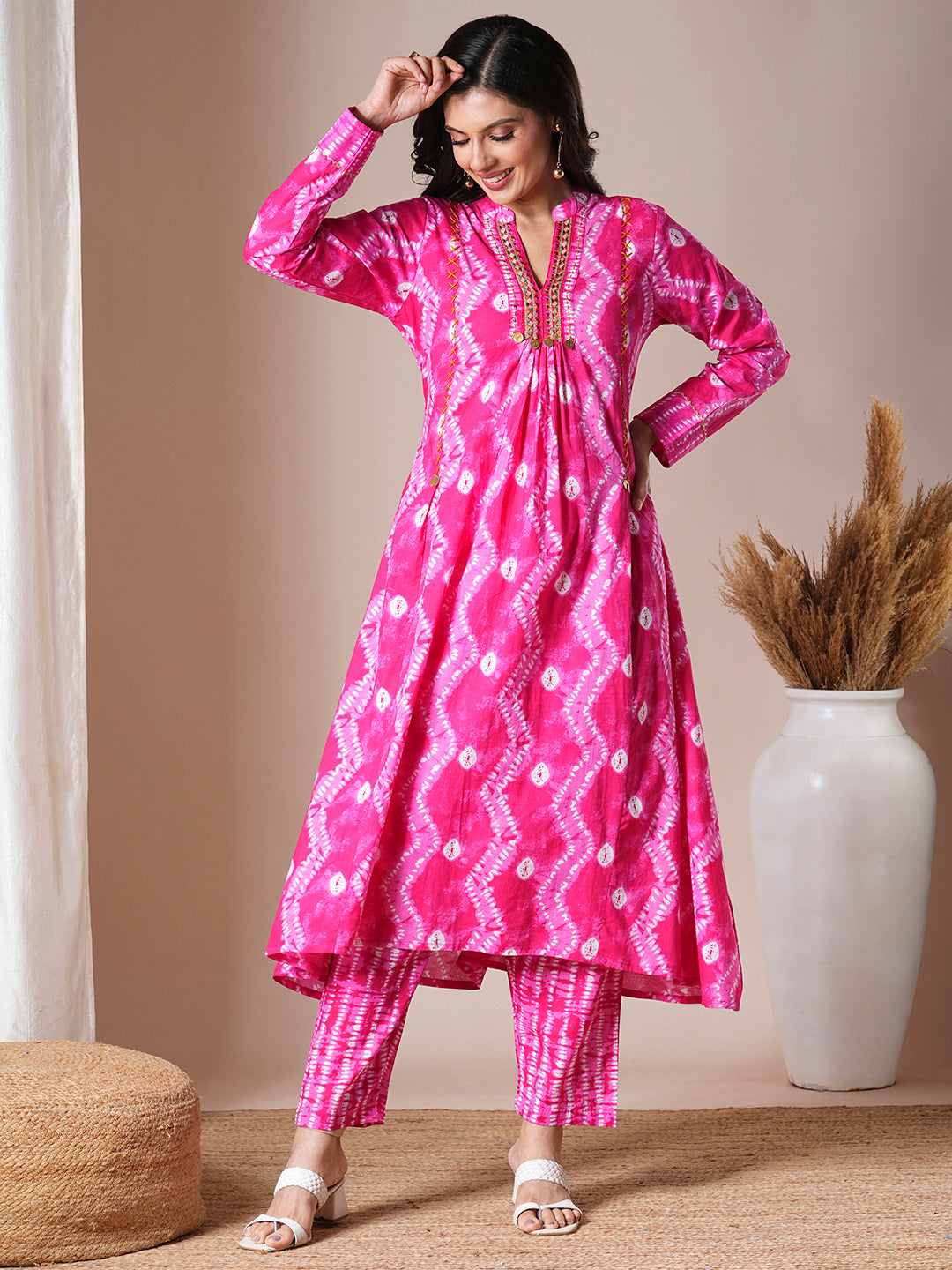 Ethnic Floral Printed & Embroidered A-Line Kurta with Pant - Pink