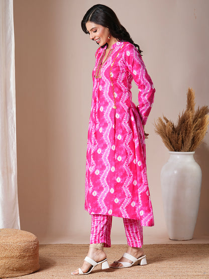 Ethnic Floral Printed & Embroidered A-Line Kurta with Pant - Pink