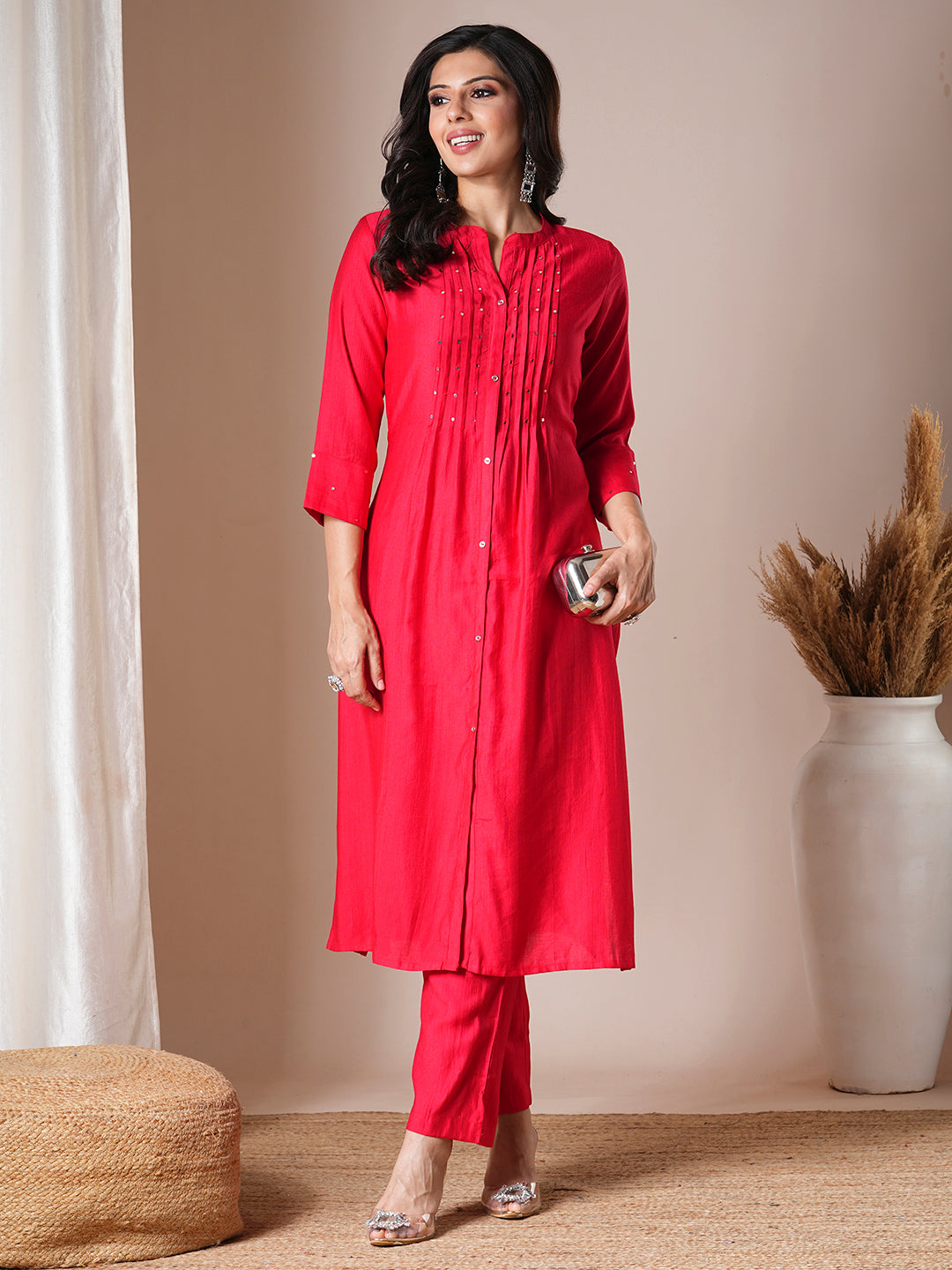 Solid Mirror Embroidered Pleated Straight Fit Co-ord Set - Red