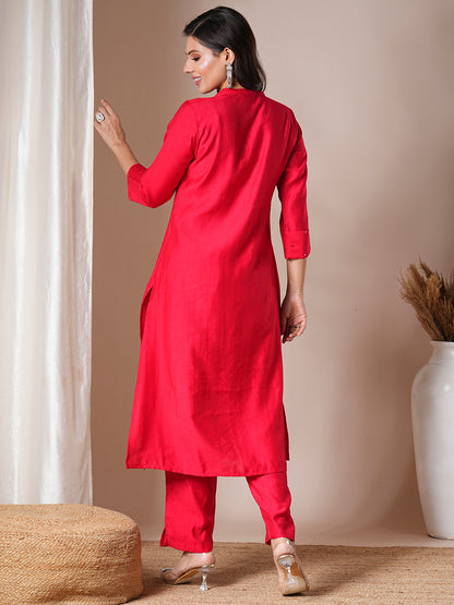 Solid Mirror Embroidered Pleated Straight Fit Co-ord Set - Red