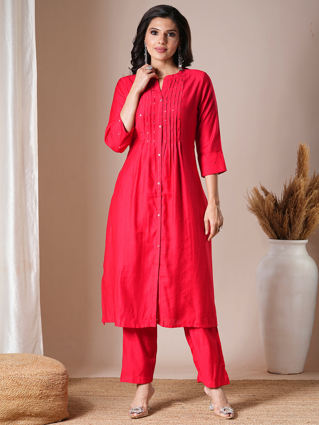 Solid Mirror Embroidered Pleated Straight Fit Co-ord Set - Red