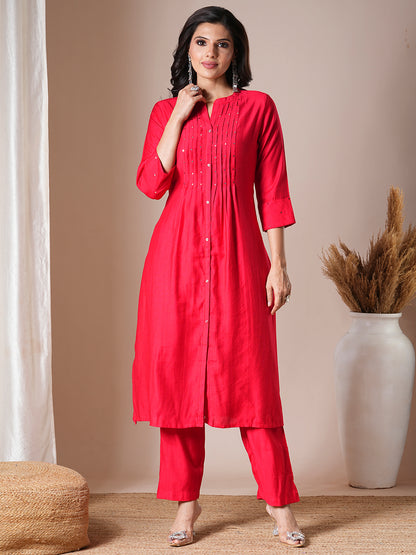 Solid Mirror Embroidered Pleated Straight Fit Co-ord Set - Red