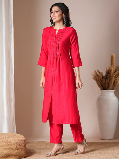 Solid Mirror Embroidered Pleated Straight Fit Co-ord Set - Red