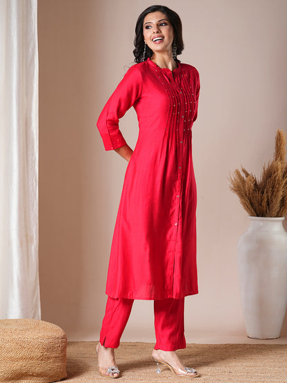 Solid Mirror Embroidered Pleated Straight Fit Co-ord Set - Red