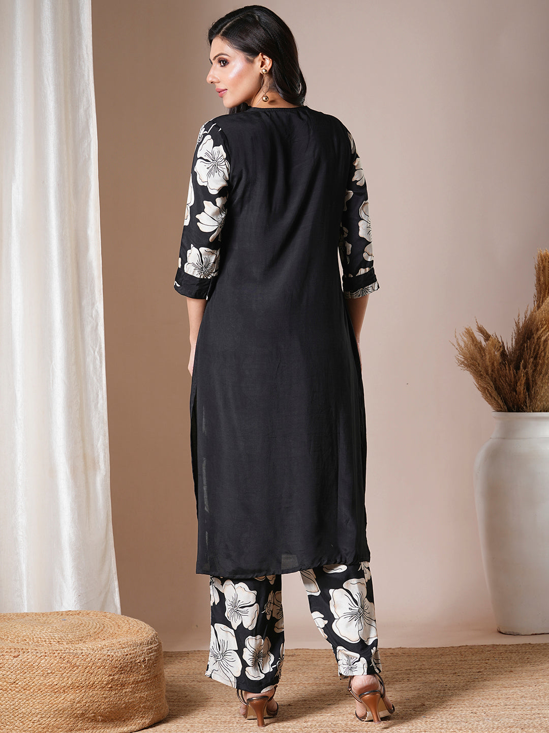 Abstract Floral Foil Printed Straight Fit Co-ord Set - Black