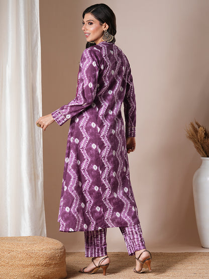 Ethnic Floral Printed & Embroidered A-Line Kurta with Pant - Purple