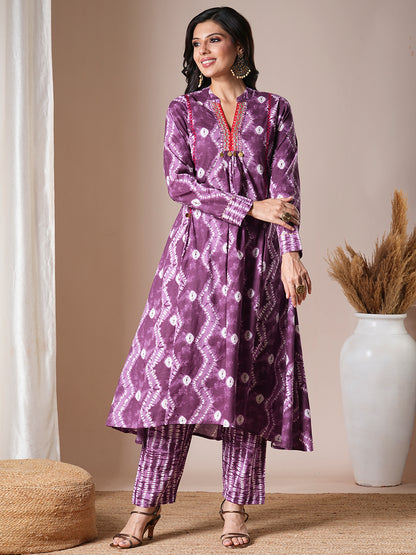 Ethnic Floral Printed & Embroidered A-Line Kurta with Pant - Purple