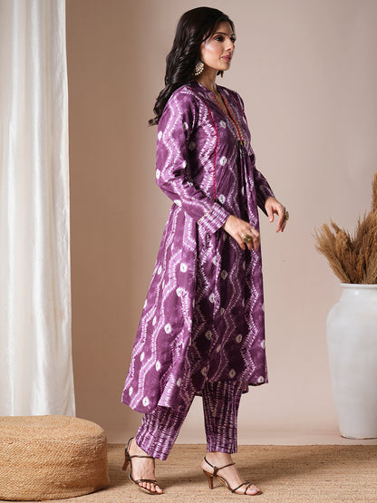 Ethnic Floral Printed & Embroidered A-Line Kurta with Pant - Purple