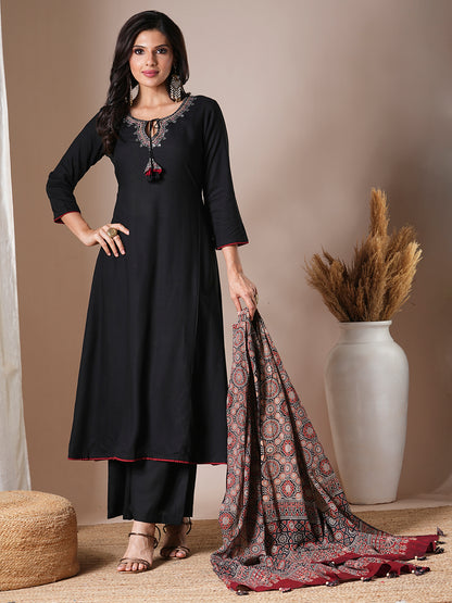 Solid Ethnic Embroidered A-Line Paneled Kurta with Palazzo and Dupatta - Black