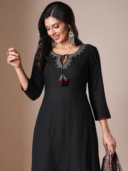 Solid Ethnic Embroidered A-Line Paneled Kurta with Palazzo and Dupatta - Black