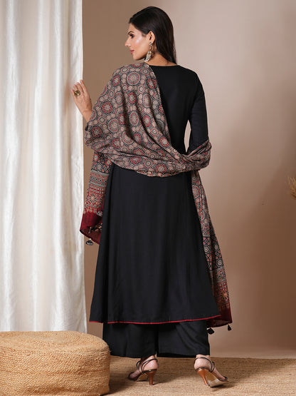 Solid Ethnic Embroidered A-Line Paneled Kurta with Palazzo and Dupatta - Black