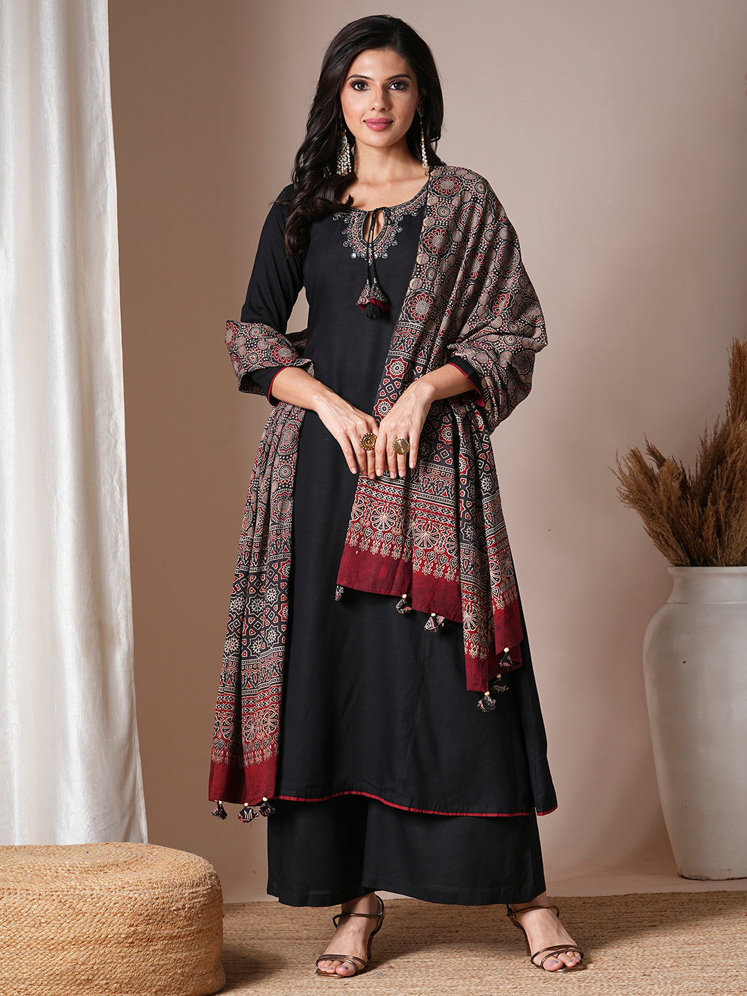 Solid Ethnic Embroidered A-Line Paneled Kurta with Palazzo and Dupatta - Black